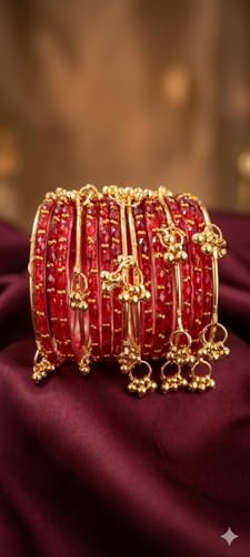 MM JEWELS Kashmiri Red Glass Bangles Set with Ghungroo Latkan for Women & Girls | Traditional Gold-Plated Bridal Churi set for Wedding & Festival | Ethnic Handcrafted Jewelry with Jingle Bell Hangings (Set of 16) (Red, 2.4)