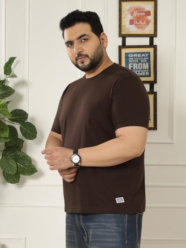 JOHN PRIDE Plus Size Men Regular Fit Solid Short Sleeves Brown Round Neck T-Shirt (JPTSR3501S_4XL_Brown)
