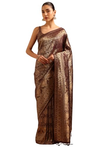 Soch Womens Wine Tussar Zari Woven Saree