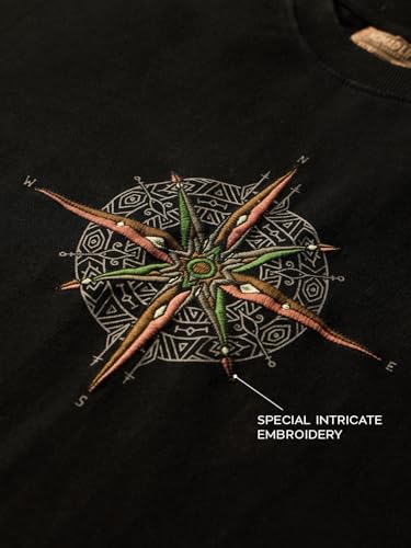 The Souled Store Nomad: Compass Men and Boys Short Sleeves Round Neck Charcoal Grey Embroidered Compass Casual Drop Shoulder Streetwear Trendy Super Oversized T-Shirt