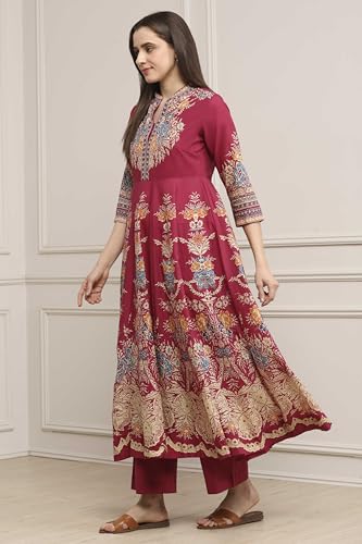 Biba Women Magenta Cotton Kalidar Printed Kurta Pants Set_36