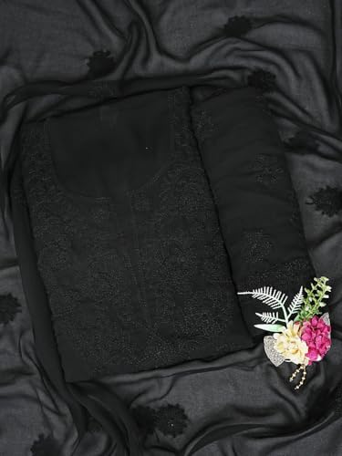 Ada Hand Embroidered Lucknowi Chikankari Unstitched Georgette Dress Material Suit Piece with Dupatta for Women 01A834692 Black