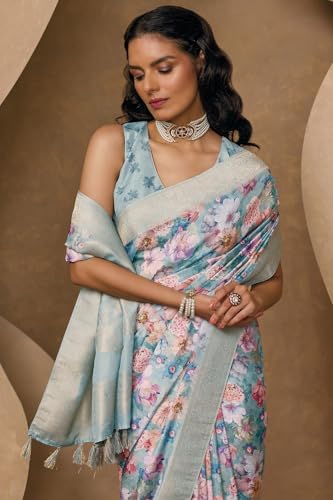 Soch Womens Powder Blue Chanderi Floral Print Saree