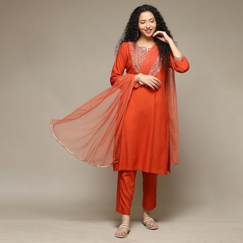 BIBA Women's Burnt Orange Rayon Straight Kurta Pants Suit Set_42