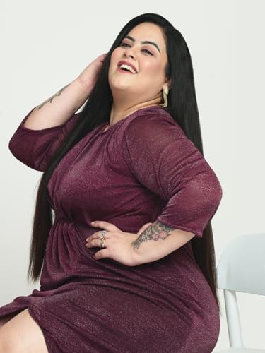 wild U Women Plus Size Cocktail Dress | Shimmery | Wrap | Stretchable | Western Stylish (Wine - 6XL)