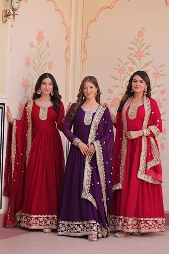 Mehervaa by vinni Red Anarkali Suit Set with Embroidered Dupatta, Long Sleeve Gown Style, Golden Zari Work, Traditional Indian Ethnic Wear (IN, Alpha, 2XL, Regular)