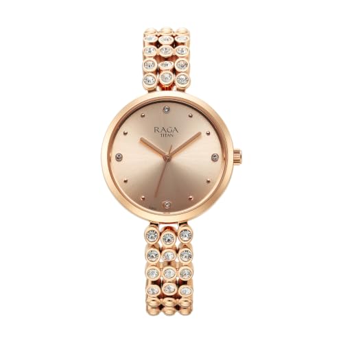 Titan Raga Plain 3 Hands Raga Rose Gold/Copper Round Dial Rose Gold Plating Brass Strap Womens Watch - 95262WM01F