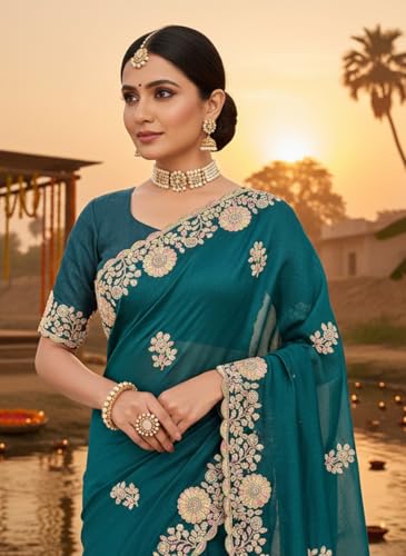 Glory Sarees Women's Silk Georgette Embroidery Work Saree With Blouse Piece (LF853_Teal)