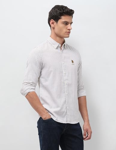 U.S. Polo Assn. Denim Co. Men's Vertical Striped Seersucker Shirt (UDSHT2232_Ochre_46)