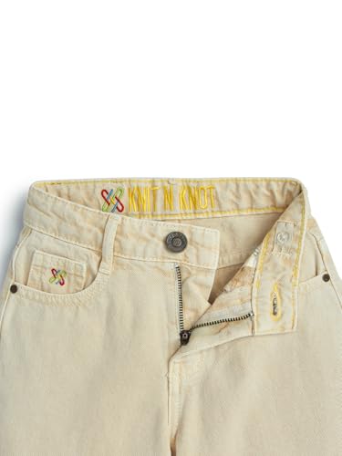 Knit N Knot Girl's Kids Beige Cream Wide Leg Flared Fit Relaxed Loose Colour High Rise Frayed Bottom Jeans | Regular Casual Festival Occassional Wear | Non Stretch | Adjustable Waist, 9-10 Years