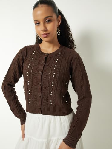 Max Women Embellished Knit Cardigan (Brown_S)