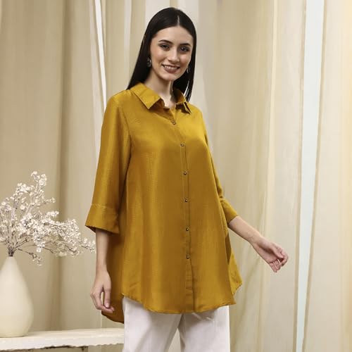 BIBA Women Ochre Yellow Dyed High-Low Shirt_34