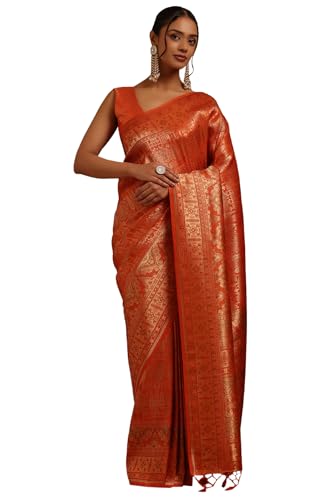 Soch Womens Orange Tussar Zari Woven Saree