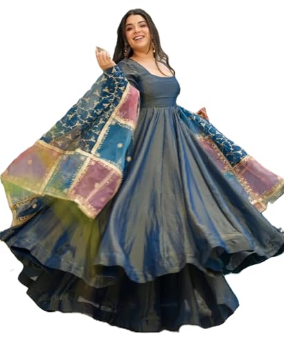 Leeli Peeri Designer Women's Simmer Silk Sequence work Anarkali Kurta Palazzo Set with Dupatta