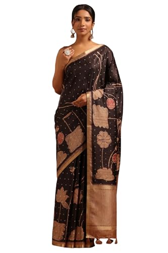 Soch Womens Black Tussar Botanical Saree