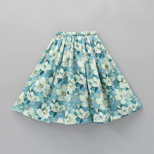 Leons Fab Girl's Floral Printed Scalloped Cut Back Tie Knot Top With Lehenga (11-12 Years, Green)