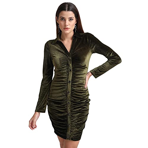 Kazo Embellished Velvet Cowl Neck Womens Mini Dress (Olive, Small)