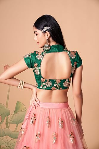 Divine Exim Women's Net Semi Stitched Lehenga Choli with Dupatta | Real Mirror with Embroidery Pattern | Traditional, Wedding, Ethnic Wear Lehenga (Pink)