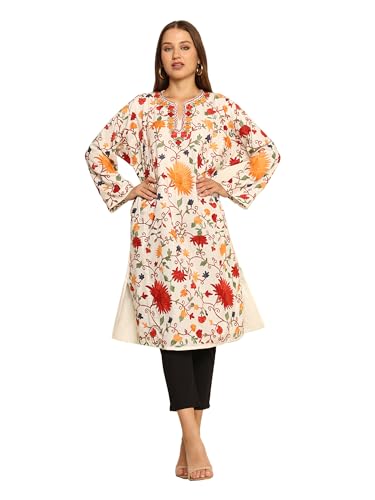 CRAFTBAZAR Kashmiri Full Embroidered Woolen Phiren (Cream)