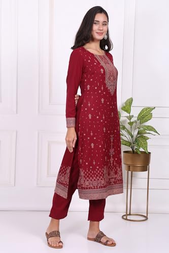 W for Woman Maroon Ethnic Motifs Printed Straight Kurta, Straight Pants and Dupatta Set - (WS13383-314582-XXL)