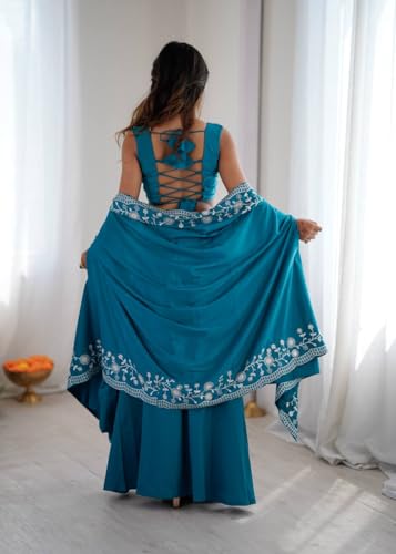MARUTI FASHION HOUSE Lehenga Choli Indo-Western Draped Saree Set For Womens And Girls Ready To Wear Hevay Crep Silk Fabric With Work Multi Thread Embroidery Coding Sequence Light teal