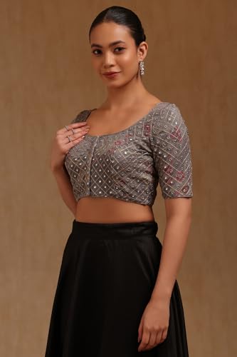 Soch Womens Grey Georgette Embroidered Padded Blouse with Faux Mirror