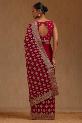 Soch Womens Fuchsia Georgette Embroidered Saree With Stone Work