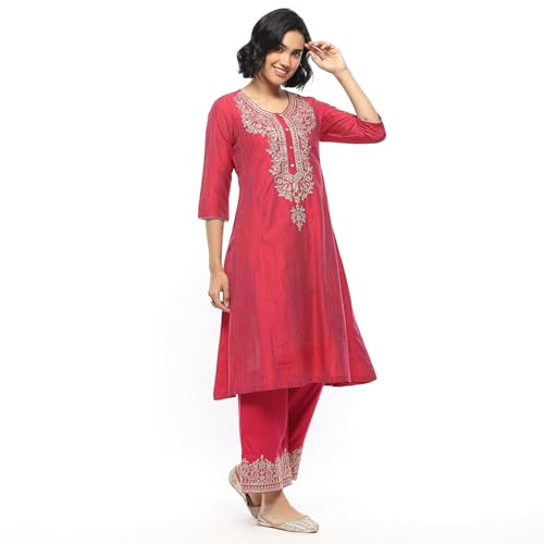 Biba Women Pink Cotton Embroidered Kalidar Suit Set_42