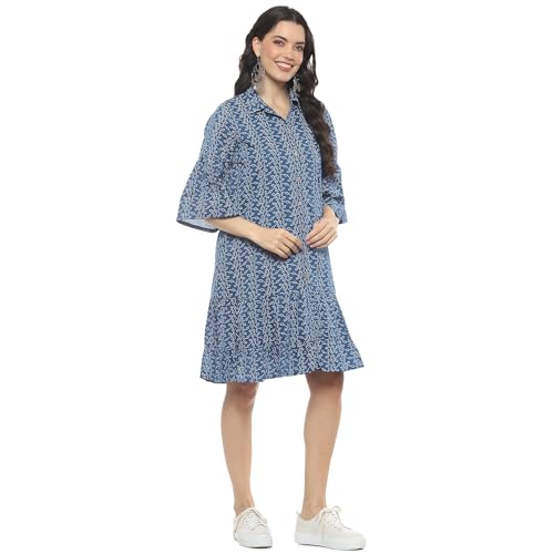 Rangriti Women Cotton Printed Tiered Dress Ankle Length Casual CASUALDRESSES19112SS24IND_Blue