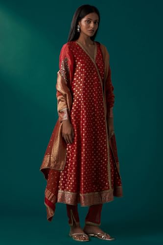 Wishful Women's Red Embroidered Tissue Jacquard Angarkha Kurta with Pant and Dupatta Set (SP12835-314436-2XL)