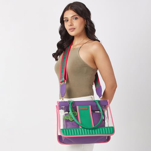 Caprese Madonna Laptop Tote Bag Large | Vibrant Transparent Handbag with Adjustable & Detachable Sling Strap, Secure Zip Closure | Shoulder Bag | Perfect for Office & Casual Use (Green & Purple)