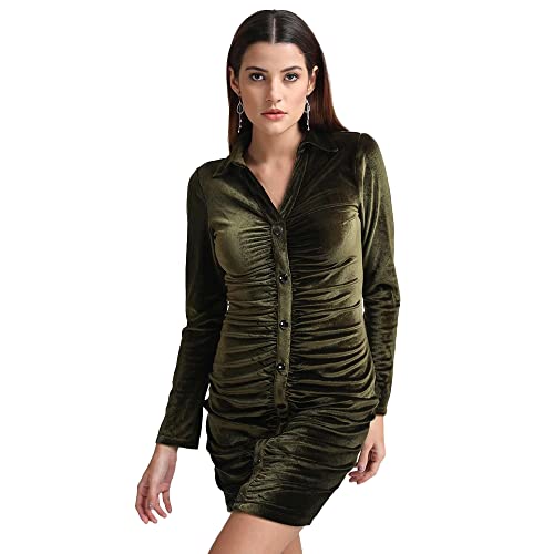 Kazo Embellished Velvet Cowl Neck Womens Mini Dress (Olive, Small)