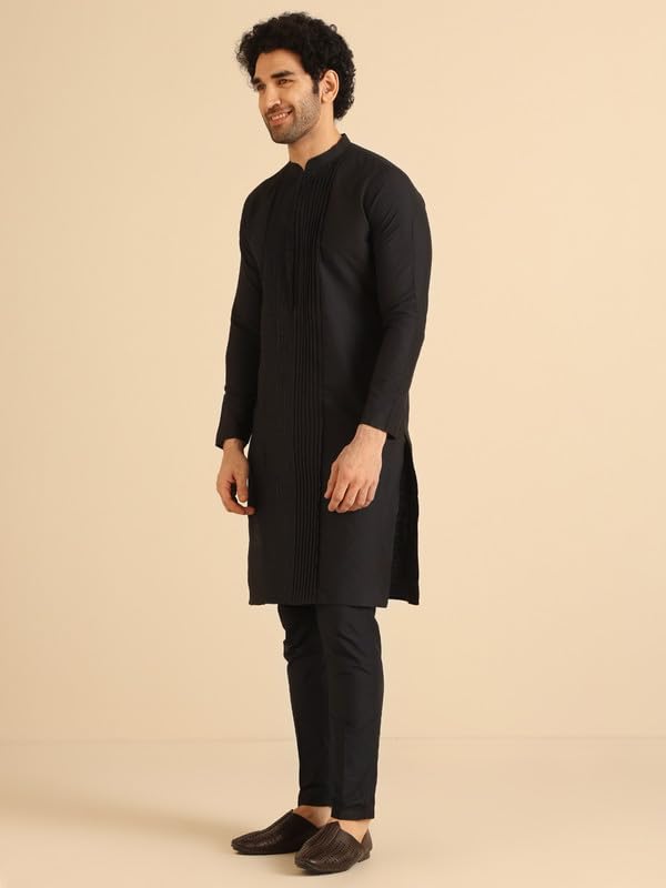 KISAH Men's Kurta Trouser Set, Black Cotton Blend, Embellished Regular Fit Mandarin Collar Full Sleeves (38)