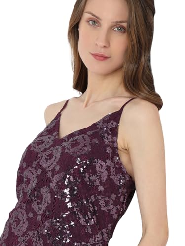 VERO MODA Women Embellished Maroon Polyester Knee Length Shift Dress