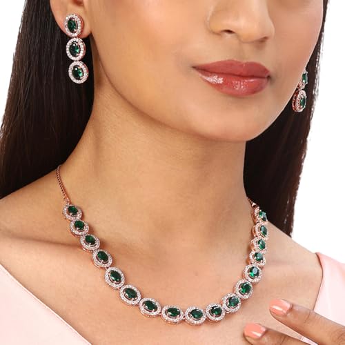 VOYLLA American Diamond CZ Silver Plated Pearl Brass Necklace Set