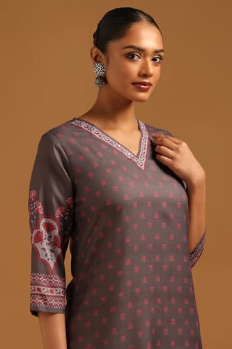 Soch Womens Charcoal Linen Floral Kurta with Sequin Details