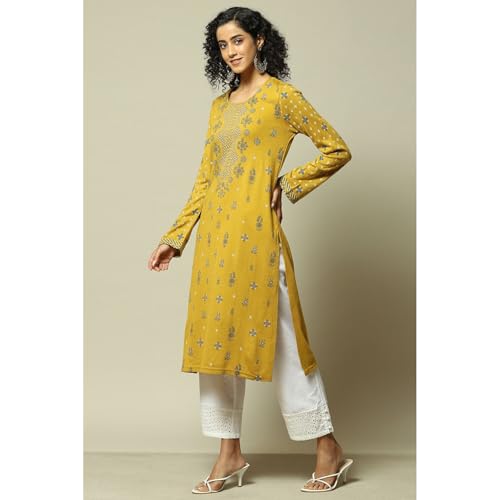 Rangriti Women's Acrylic Printed Regular Kurtas (WNTRWR18869AW23YEL_Yellow