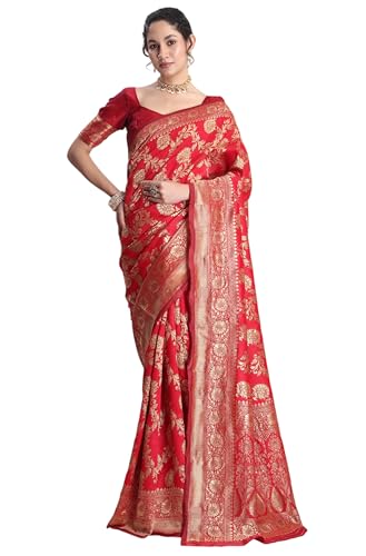 Janasya Women's Red Silk Blend Floral Woven Design Jacquard Saree with Blouse Piece