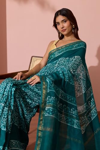 Taneira Women Green Ujjain Pure Silk Cotton Batik Saree with Unstitched Blouse Piece (SAPP01AA4695-Green)
