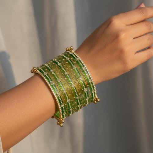 KAYASHA Kashmiri Glass Bangles Set for Women with Ghungroo Bangles | Traditional Ethni Bangles Set for Wedding, Party, Festival & Daily Use set of- 24(20 glass+4 stone ghunghroo bangles)
