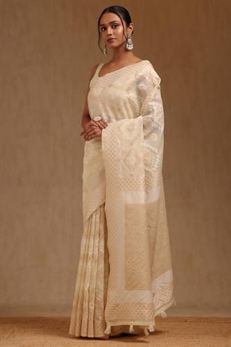 Soch Womens Cream Linen Woven Design Saree With Zari Woven
