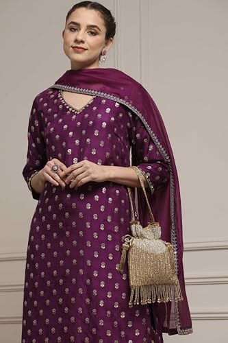 Biba Women Purple Viscose Gathered Yarndyed Suit Set_42