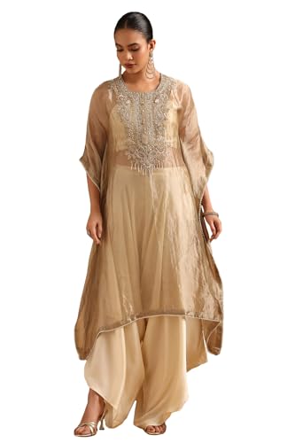 Soch Womens Gold Viscose Botanical Kaftan Suit With Stones And Sequins