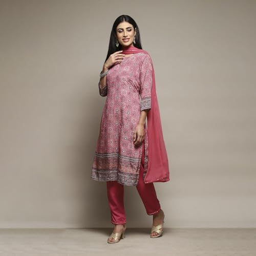 BIBA Women Viscose Straight Printed Suit Set(SKDSITARA8979_XL_Pink)