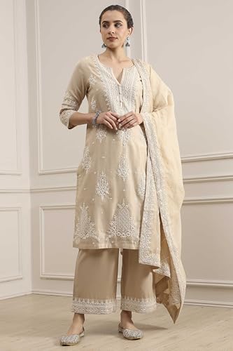 Biba Women Natural White Chanderi Straight Dyed Suit Set_42