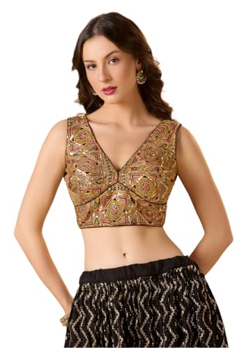 S SALWAR STUDIO Black Embroidered Georgette V Neck Sleeveless Readymade Blouse