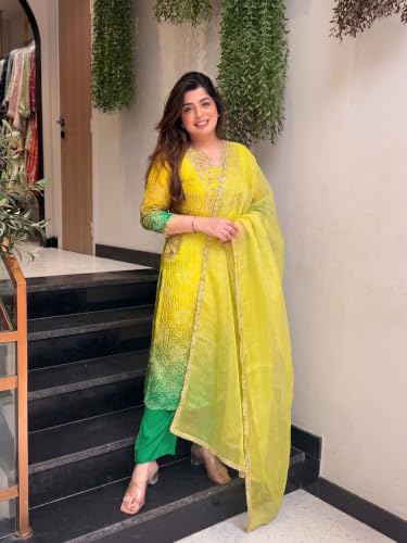 VARNI FABRICS: A lady's First Love Women's Yellow Silk Blend Embroidered Straight Kurta Set With Pant And Dupatta
