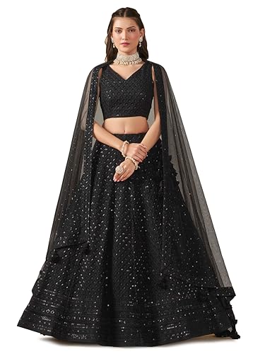 Zeel Clothing Women's Sequins Thread Embroidered Georgette Lehenga Choli With Dupatta (5124-Women-Lehenga-Choli-New; Free size) (Yellow) (Black)