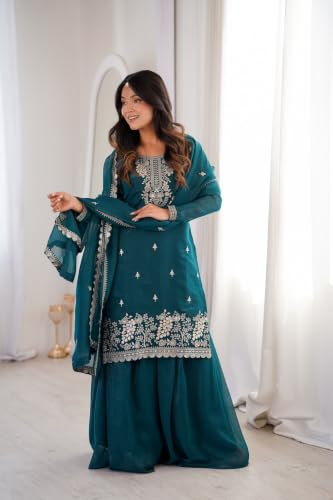 Leeli Peeri Designer Women's Crunchy Silk Embroidery Kurta Sharara Set With Dupatta.