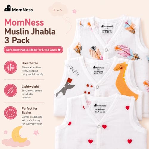 MomNess Baby Muslin Jabla Vest, 100% Pure Muslin Cotton, Newborn Cotton Jabla, Baby Dress, Soft, Infant Dress (White with Multicolour Prints 3-6M)